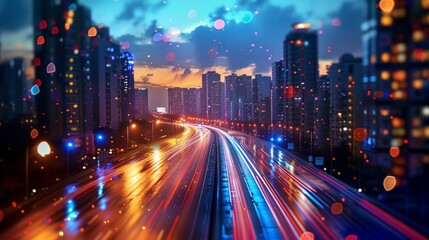 Fototapeta premium Dusk falls over a smart city, speed lines of light illustrate the city's vibrant data network