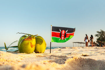 flag of Kenya on a beautiful clean white sand beach. The concept of recreation in the Kenyan...