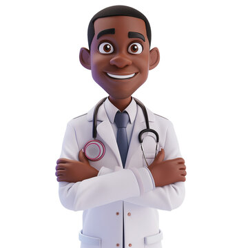 recommend clip art: Cartoon character smart confident trustworthy african doctor. AI Generative