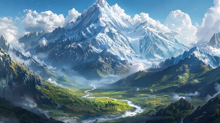 Snow-capped mountains rising above a valley, a river snaking through, an epic landscape from on high