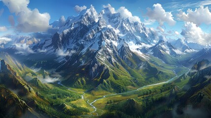 Snow-capped mountains rising above a valley, a river snaking through, an epic landscape from on high