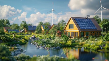 Fototapeta premium Solar panels and wind turbines powering a small community, a model of renewable energy integration