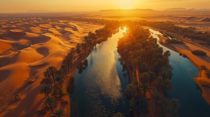 Sunset view of a desert oasis from above, the last light casting long shadows over sand and water - Powered by Adobe