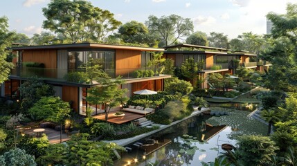 Fototapeta premium Sustainable living community with energy-efficient homes and shared green spaces