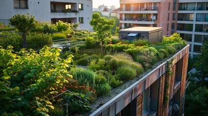 Urban green roofs in a sustainable city, blending nature with modern architecture