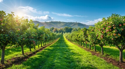 Obraz premium Vibrant rows of fruit trees in an orchard, stretching into the distance under a clear blue sky