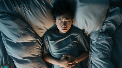 An overhead shot of a young boy feeling unwell in bed, his expression and pose suggest discomfort or illness