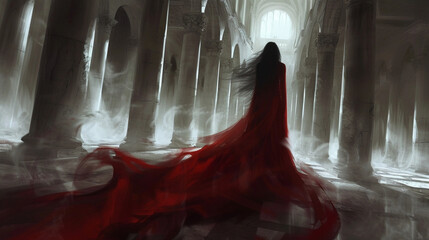 Dramatic Artwork of a Woman Wearing a Long Flowing Red Gown Standing Between Stone Pillars in a Vast Hall