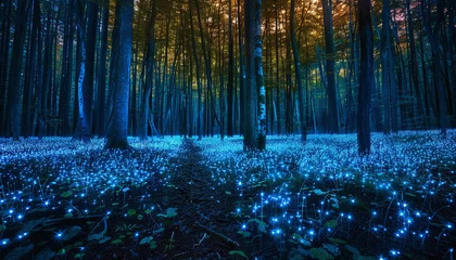 Abwaschbare Fototapete A deep forest with bioluminescent plants and pathways  © b13
