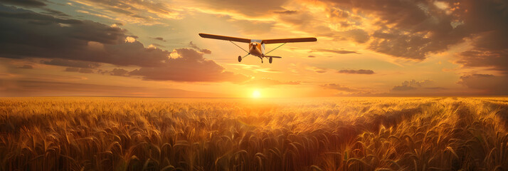 Crop duster plane flying over wheat field, farm airplane in cloudy sky on sunset. Agricultural cropduster machine, old airplane. Agriculture and farming concept - Powered by Adobe