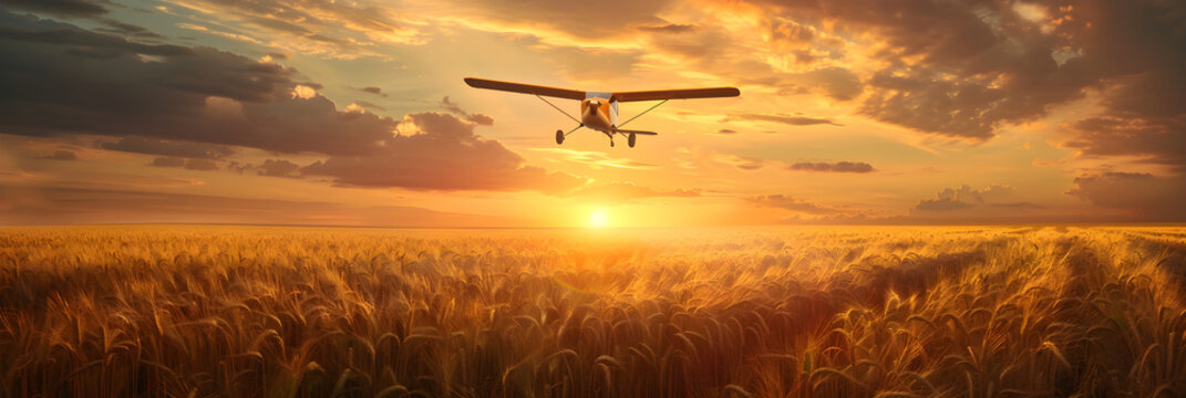 Crop duster plane flying over wheat field, farm airplane in cloudy sky on sunset. Agricultural cropduster machine, old airplane. Agriculture and farming concept