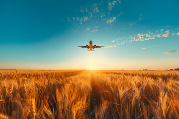 Panoramic landscape with fields and plane flying in clouds. Spring and summer meadow on sunset with airplane on sky. Travel concept - obrazy, fototapety, plakaty
