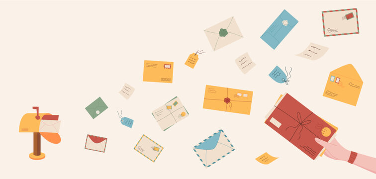Trendy style craft envelope design concept drawing, creative greeting mail template background, hand holding flat postcard and cartoon handwritten letter flying from mailbox illustration.