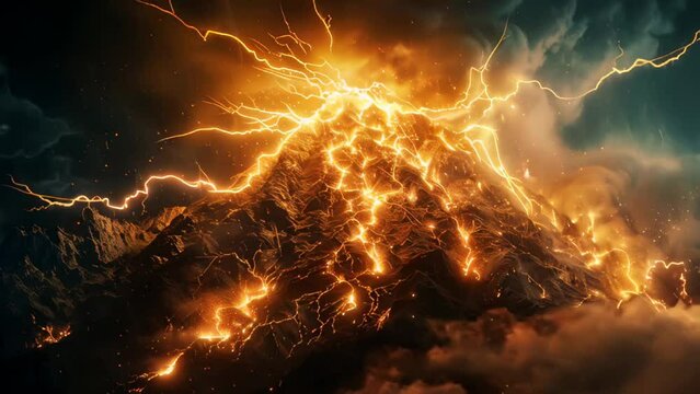 Majestic Volcanic Eruption Illuminated by Lightning at Night