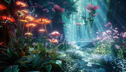 A vibrant coral reef teeming with bioluminescent life forms, all rendered with digital brushstrokes of code.

