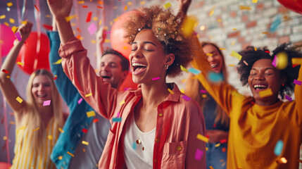 A lively image of a group of friends celebrating with bright confetti creating a joyful atmosphere - obrazy, fototapety, plakaty