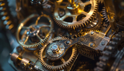 Fototapeta na wymiar An intricate, steampunk-style gear mechanism with interlocking cogs and gears. 