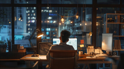 A professional man immersed in his work at a tidy, well-lit desk with dual monitors in a contemporary office setting at night - obrazy, fototapety, plakaty