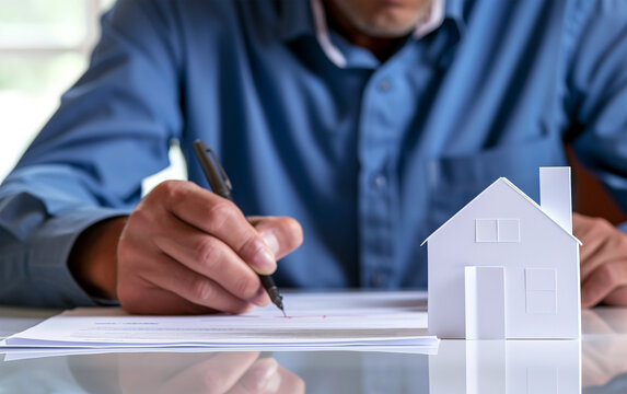 Cardboard house on table as man completes paperwork - mortgage documents signing, finding a home, property purchase, real estate loan agreement.
