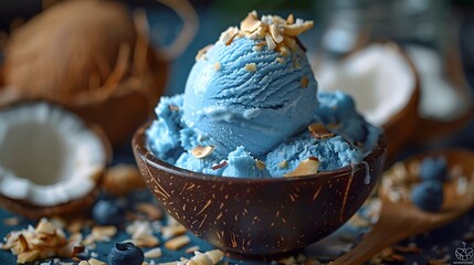a summer ice cream in vibrant coconut blue against a solid background, portrayed in stunning 8k full ultra HD, its exotic flavor evoking visions of island bliss with cinematic precision.