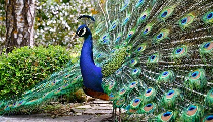 Obraz premium Editorial photo of a majestic peacock displaying its vibrant plumage in full bloom, captured background