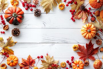 Thanksgiving background decoration, dry leaves, berries and pumpkins on white wooden background