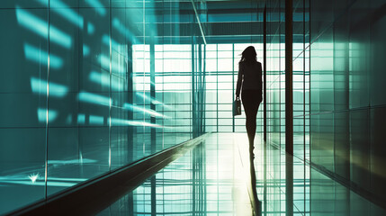 A female silhouette stands out in a contemporary glass office, reflecting corporate ambition and progress