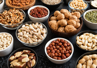 Mixed raw nuts and seeds in bowls on kitchen table.Peanut,hazelnut,walnut,almonds,pistachio,sunflower,pumpkin,chia and cashew.Macro