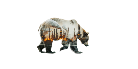bear and industrial plant, silhouette photography, retro style, white background,