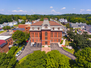 Town Hall aerial view at 78 Main Street in town center of Hudson, Massachusetts MA, USA. 