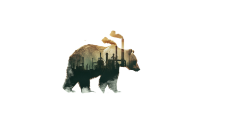 bear and industrial plant, silhouette photography, retro style, white background,