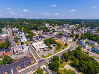 Hudson historic town center aerial view including Unitarian Church Marlborough and Town Hall on...