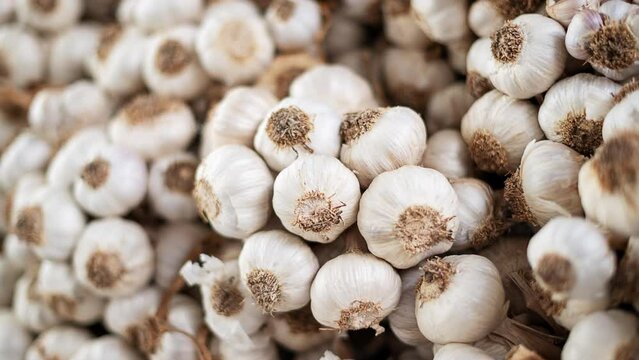 a lot of garlic in the local market, spices, vegetarian life, healthy diet, view from the above