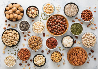 Mixed assorted raw healthy nuts and seeds in various bowls on light kitchen background.Peanut,hazelnut,walnut,almonds,pistachio,sunflower,pumpkin,chia and cashew.Top view.