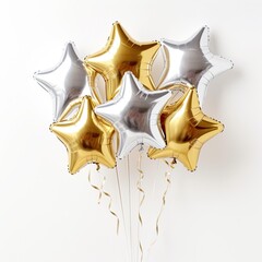 Foil balloons in the form of a star. Gold and silver balloons