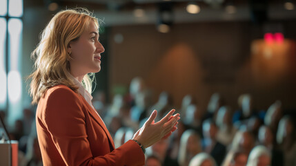 Capturing a female speaker engaging with her audience during a conference presentation, showing connection and leadership