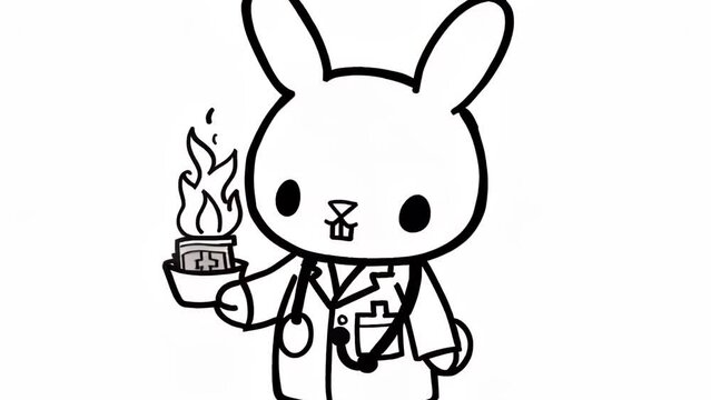 Cute rabbit character rendered in simple line art. Holds a gas burner in one hand, the other raised towards the flame. Features round head with long ears and large eyes. 