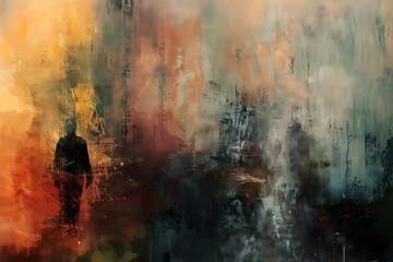 Fond abstrait, background, coloré, avec un espace négatif copyspace, style peinture à l'huile, avec la silhouette d'un homme en noir.