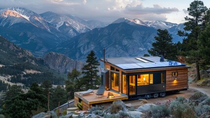 Fototapeta premium A handbuilt tiny house nestled in the mountains with solar panels integrated into the design for heating and powering appliances. . .