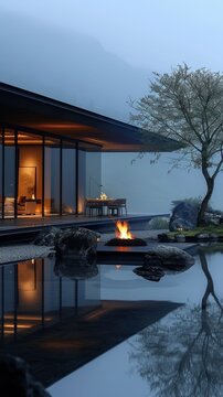 Modern house near a lake, architectural photography