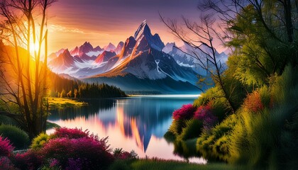 sunset in the mountains. A detailed Glossy finish, exquisite details, high contrast, and dramatic...
