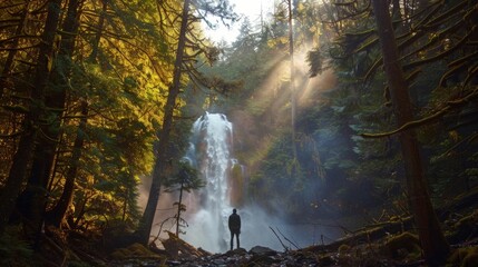 Amidst a sea of tall trees a lone figure stands with back turned towards the camera admiring the cascading waterfall in front . . - obrazy, fototapety, plakaty