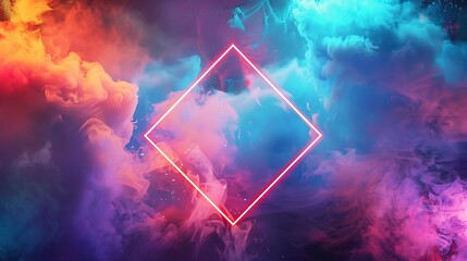 abstract neon geometric background glowing rhombus frame inside the spinning colorful cloud