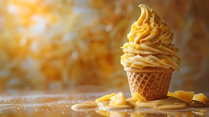 exotic flavor of a summer ice cream in tangy pineapple yellow against a solid background, portrayed in high resolution, its refreshing taste captured with cinematic flair. - obrazy, fototapety, plakaty