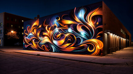 Electric Twilight: Dynamic Abstract Mural Painting on Urban Building Wall - obrazy, fototapety, plakaty