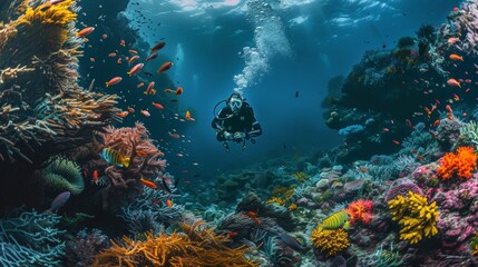 Fototapeta na wymiar Deep beneath the surface a diver is surrounded by a breathtakingly vibrant underwater world. The vast variety of algae species in the deep blue sea is visible showcasing the endless .