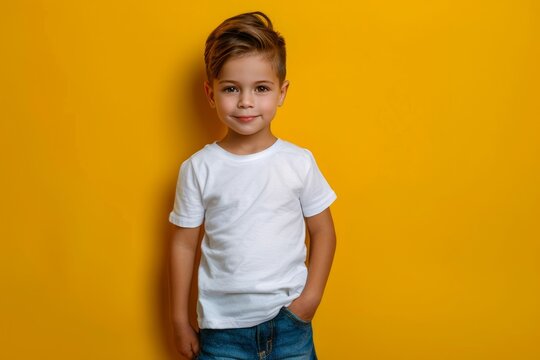Young brown-haired boy standing in front of yellow wall. 5 years old boy in white t-shirt and jeans. Kid's mock up.