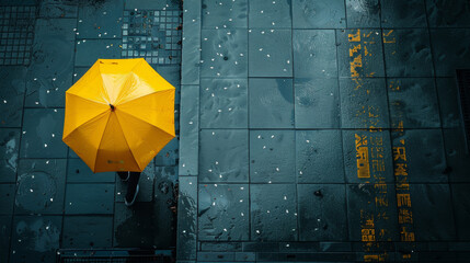 A yellow umbrella is on a wet sidewalk. Scene is gloomy and rainy