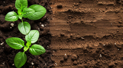 A small plant is growing in the dirt next to a wooden surface. The plant is surrounded by dirt and he is thriving