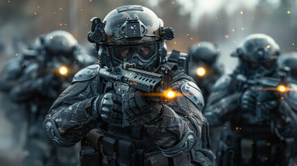 Group of military police aiming their weapons.